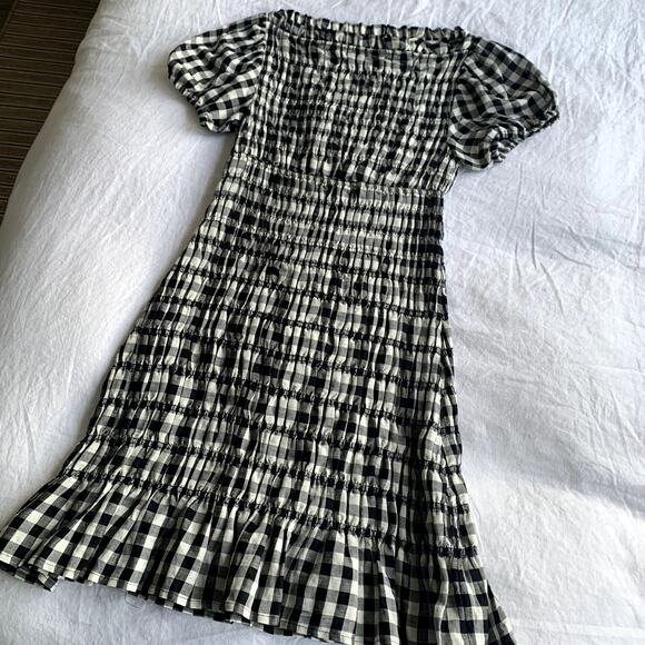 Doen Rizzo Linen Smocked Boat Neck Short Puff Sleeve Mini Dress Marilyn Gingham - Picture 9 of 16